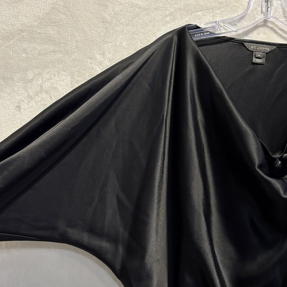 St. John Satin Black Blouse Knit Trim Cowl Neck Dolman Sleeve Top Size Medium - Picture 2 of 16